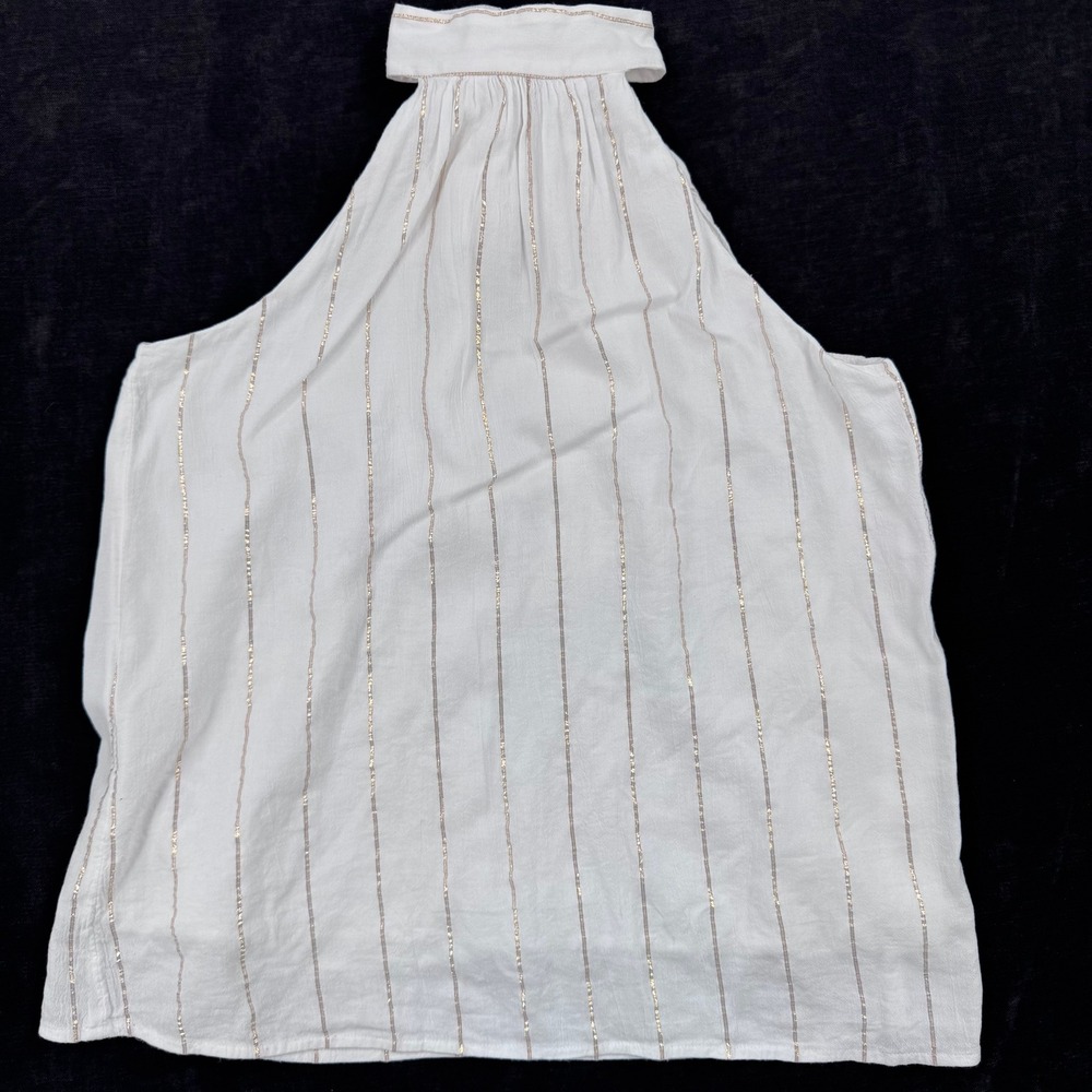 Loft XS Shimmer Crinkle Gold Metallic Pinstripe Halter Tie Back Bow Top Blouse